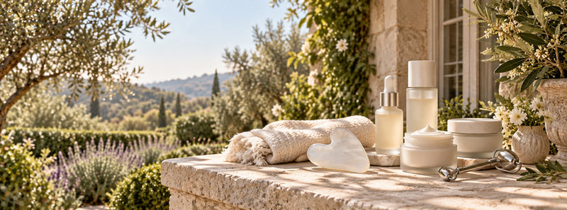 Beauty & Wellness collection banner with skincare products on a stone terrace