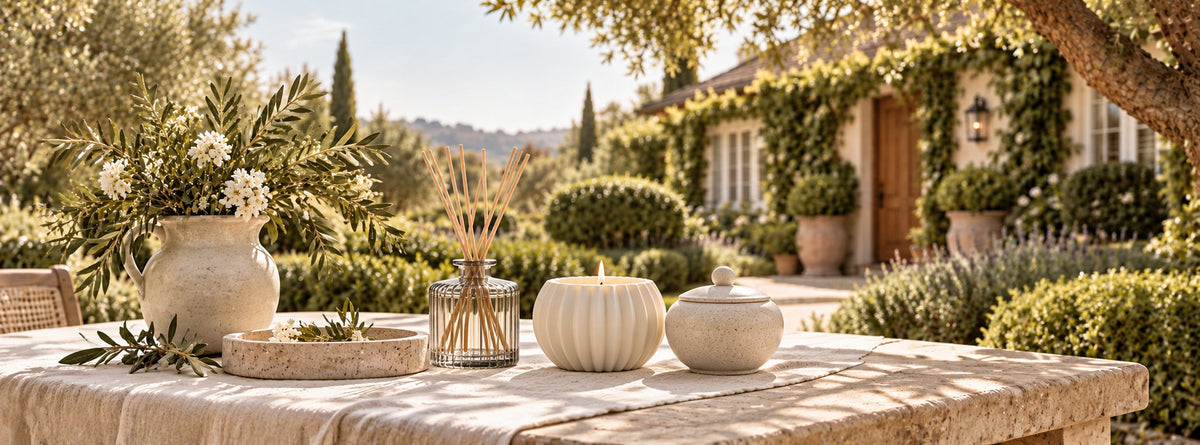 Home & Living collection banner with candles and diffuser on a stone terrace