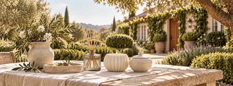 Home & Living collection banner with candles and diffuser on a stone terrace