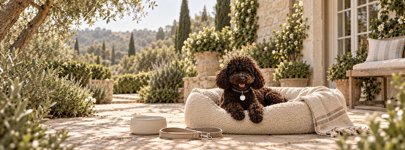 Luxury pets lifestyle — chocolate poodle in a cream bouclé dog bed on a sun-drenched stone terrace