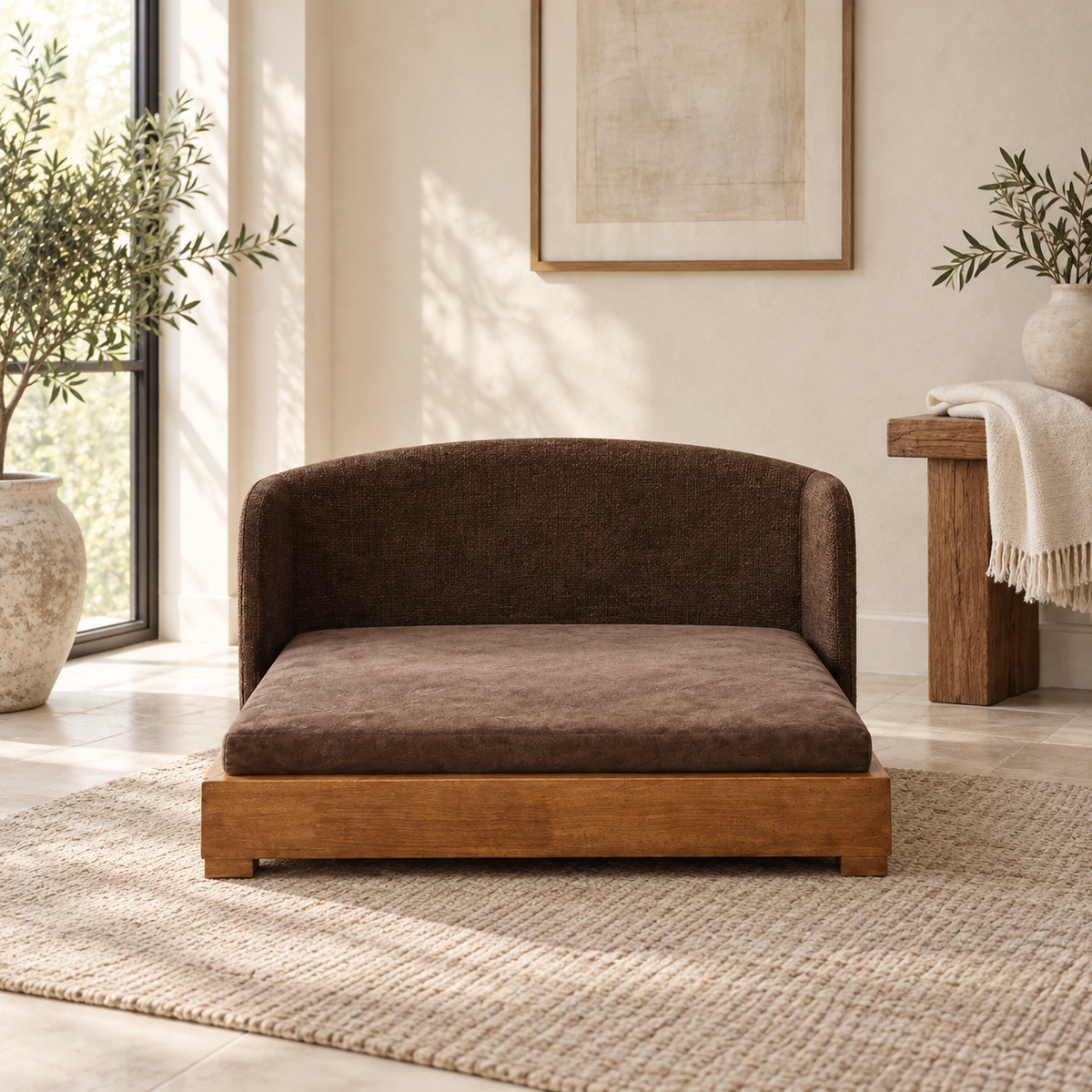 The Haven Solid Wood Dog Bed styled on a warm ivory and limestone Oak & Row backdrop